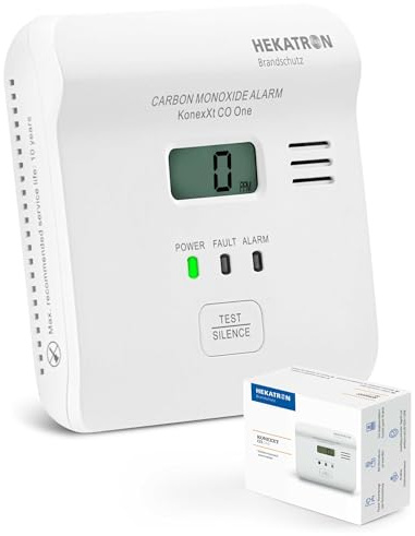 Hekatron KonexXt CO One – Kohlenmonoxid Melder 10 Jahre Batterie – CO Melder mit übersichtlichem Display und Test-Alarm-Taste, einfache Installation
