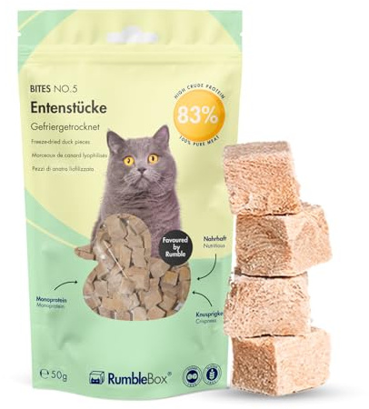 RumbleBox 100 % Entenbruststücke Gefriergetrocknet – Monoprotein Katzensnack ohne Getreide & Zucker, Für Allergiker & Sensible Katzen (50 g)