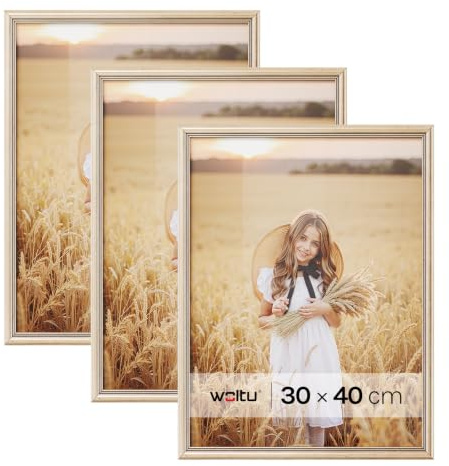 WOLTU Bilderrahmen 30x40, 3er set, Massivholz Fotorahmen mit Passepartout | Gold, Front aus PS-Platte, Posterrahmen zum vertikalen oder horizontalen Aufhängen und Aufstellen, Collage Wanddeko