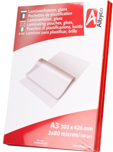Albyco Laminierfolien, Laminiertaschen - Format A3, 303x426 mm - Dicke 2x80 (160) Mikron - Glänzend - 100 Stück - Transparent