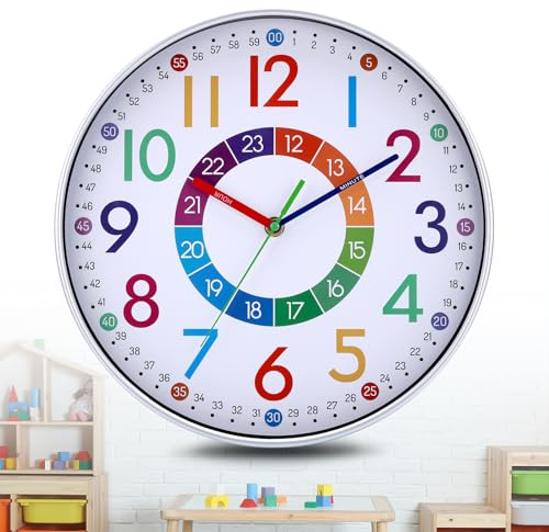 JIZZU Kinder Wanduhr Ohne Tickgeräusche, 30cm Bunt Zahlen Wanduhr, Lernende Wanduhr Quartz Lautlos, Kinderwanduhr für Kinderzimmer, Bunt Ziffern Kreativ Einfach zu Lesen