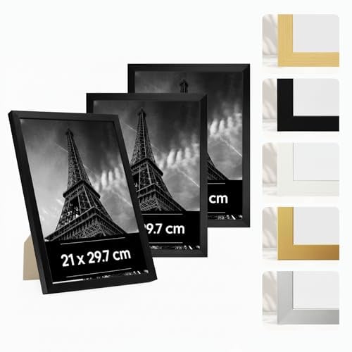 JCNORD Estancia 3 Stück Bilderrahmen aus Schwarzem Kunststoff, 21 x 29,7 cm – 3er-Pack A4 Rahmen mit Bruchsicherem Acrylglas – Moderner Fotorahmen für Wände und Tische