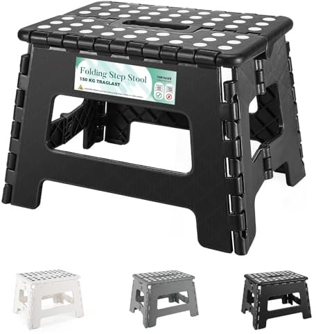 HEIMWOHL Robuster Tritthocker Klappbar, Schwarz Faltbarer Hocker, 22cm für Kinder & Erwachsene, Belastbar bis 150 kg, Klapphocker mit rutschfestem Design, Ideal für den Einsatz im Badezimmer