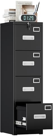FlairVibe A4 Aktenschrank, Metall Vertikal Hängeregisterschränke A4,Büroschrank für Homeoffice, Druckerständer, mit 4 abschließbaren Schubladen für Hängemappen（Schwarz）