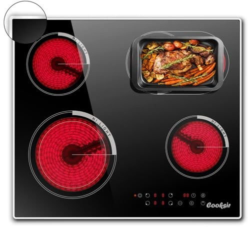 Cooksir Glaskeramikkochfeld mit Rahmen, Einbau 4 Kochfelder, Duale und Ovale Zonen fur Gril, Kochfeld Autark 59cm, 6700W, Sicherheitsschloss, Kein Stecker
