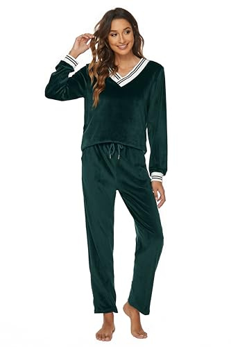 Ietaoo Velours Trainingsanzug Damen Schlafanzug Zweiteilige Jogginganzug Sportanzug Winter V Ausschnitt Pullover und Hose Nicki Hausanzug Pyjama Set