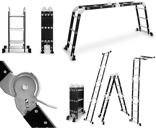 DRABEST - Gelenkleiter 4x3 Sprossen - aus Aluminium und Stahl - Klappleiter, Aluleiter - Maximale Belastung bis 125 kg - Mehrzweckleiter, Ausziehleiter - 0,32 x 0,98 x 0,25 m