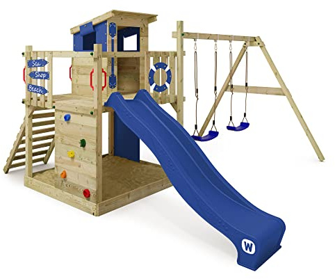 Wickey Spielturm Klettergerüst Smart Camp mit Schaukel & Blauer Rutsche, Outdoor Kinder Kletterturm mit Sandkasten, Leiter & Spiel-Zubehör für den Garten