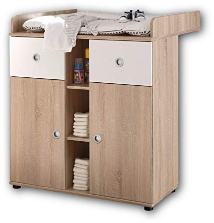 WIKI Baby Wickelkommode mit Aufsatz, Wickeltisch, Eiche Sonoma Weiß | 89 x 101 x 78 cm (B/H/T), viel Stauraum für Babypflegeutensilien, gemütliches Designkonzept der WIKI Serie