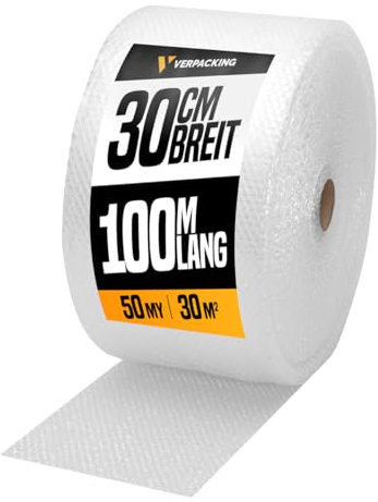 verpacking Luftpolsterfolie 30 cm x 100 m - 50 my [Größe und Stückzahl wählbar] 1 Rolle Noppenfolie Polstermaterial Füllmaterial Verpackungsmaterial für Versand und Umzug Bubble Wrap 2-lagig