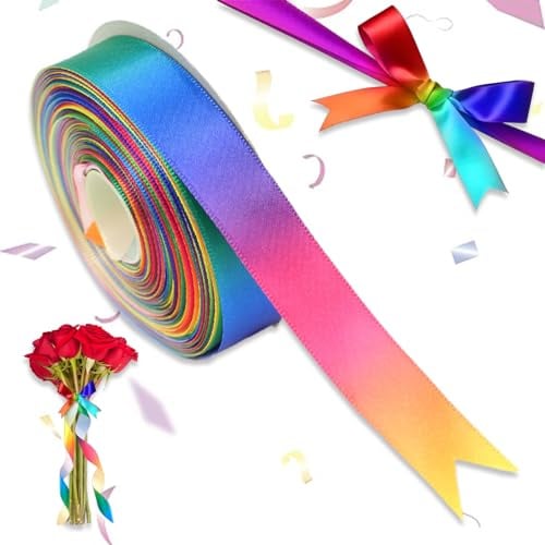 Regenbogen Geschenkband, Satinband Bänder, Geschenkband Schleifenband, Bunt Satinband Bänder, für Geschenkverpackung, Kunsthandwerk, Haarschleifen, Blumenstrauß, Dekoration, Weihnachten (2cm x 22m)