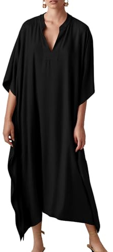 Bsubseach Damen Kaftan Kleider Batwing Sleeve Strandkleid V-Ausschnitt Caftan Maxi Kleid Sommer Schwarz Silky