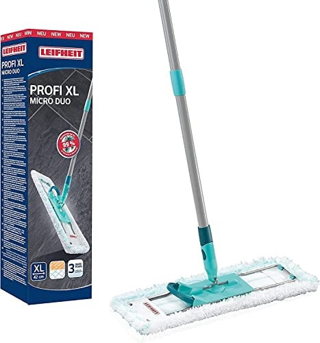Leifheit rückenschonender Bodenwischer Profi XL Micro Duo, Stahlstiel 146cm, Wischmopp mit Fußklick, Mikrofaser Bezug für Fliesen und Laminat, 360 Grad Drehgelenk, Click-System