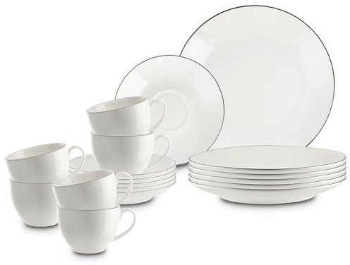Peill+Putzler Germany, Kaffeeservice aus Porzellan, vielseitig einsetzbar | 18-teiliges Geschirrset für 6 Personen, Klassisches Design in weiß mit schwarzem Rand, Runde Teller in zwei Größen