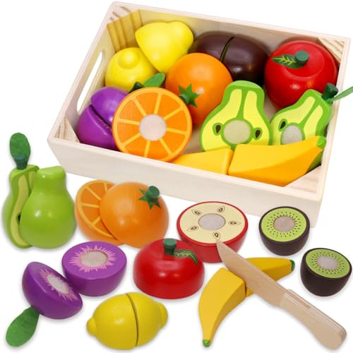 Airlab Kinderküche Spielküche Zubehör aus Holz, Küchenspielzeug Schneiden Obst Gemüse Lebensmittel Holz mit Klett-Verbindung für Kinder
