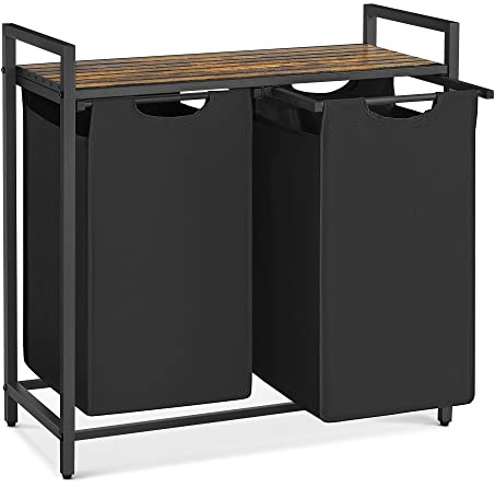 VASAGLE Wäschekorb 2 Fächer, Wäschesammler mit Ablage, Wäschebox, Wäschesack aus Oxford-Gewebe abnehmbar, Metallrahmen, 2 x 46 L, 73 x 33 x 72 cm, tintenschwarz-vintagebraun BLH201B01