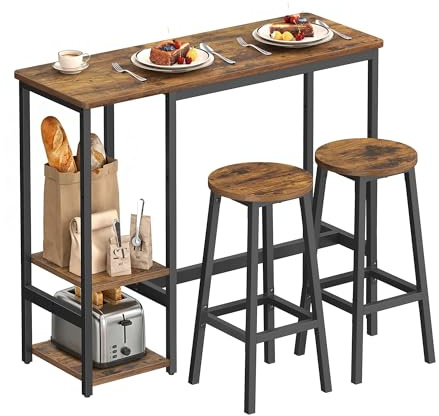 VASAGLE Bartisch mit 2 Barstühlen, Esszimmermöbel-Set, Essgruppe, mit Aufbewahrungsregal, für Wohnzimmer, Küche, Metallrahmen, einfache Montage, vintagebraun-schwarz LBT220KD01
