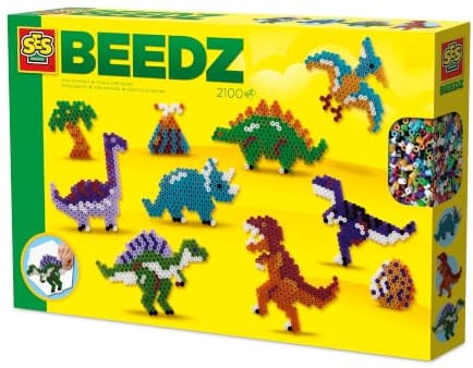 SES Creative Beedz Bügelperlen Set | Dino-Welt | 2100 Stück | Bastelset für Jungen ab 5 Jahren, sechseckige Stiftplatte, Bügelpapier, PVC-frei, Dinosaurier, Vulkan und Eier gestalten