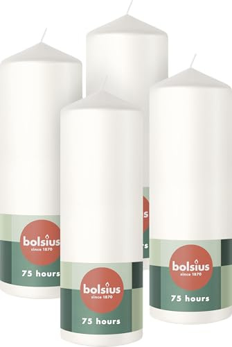 Bolsius Glatte Stumpenkerzen - Weiß - 4 Stück - 20 x 7 cm - Dekorative Haushaltkerzen - Brenndauer 75 Stunden - Unparfümierte - Enthält Natürliches Pflanzenwachs - Ohne Palmöl