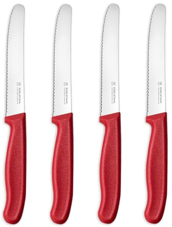 targzier Tomatenmesser,4 Stück,Frühstücksmesser mit Wellenschliff,Kunststoffgriff Brötchenmesser,Messerset Scharf,Rot Tafelmesser,Messer Küche Set,Rostfreier Stahl,Spülmaschinenfest