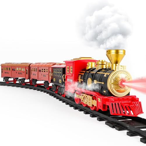 deAO Elektrische Dampfzug Spielzeug,Eisenbahn Elektrisch mit 3-Wege-Spray Dampf mit Musik Licht, Angetrieben Durch Wiederaufladbare Batterie,Zug Spielzeug Weihnachtszug für Kinder ab 3+Jahren