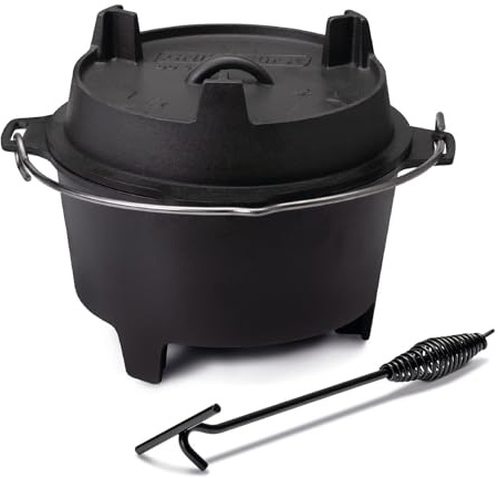 Grillfürst Dutch Oven Set ca. 9 Liter - stabil stehender Feuertopf durch spezielle T-Füße, hitzebeständiger Gusseisen Topf, Deckel als Pfanne nutzbar, DO 9 inkl. Deckelheber 35cm