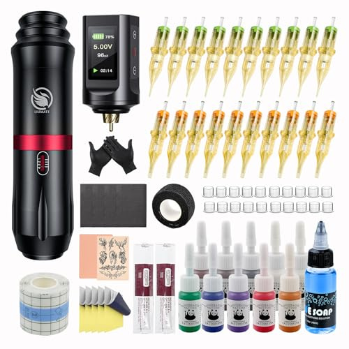 Maschine Set mit Drahtlose Batterie 1900mAh 20 Patronen Nadel 10 Tinten | LIUMATE Drahtlos Rotation Stift mit Transferpapier Komplettes Zubehör für Anfänger und Künstler