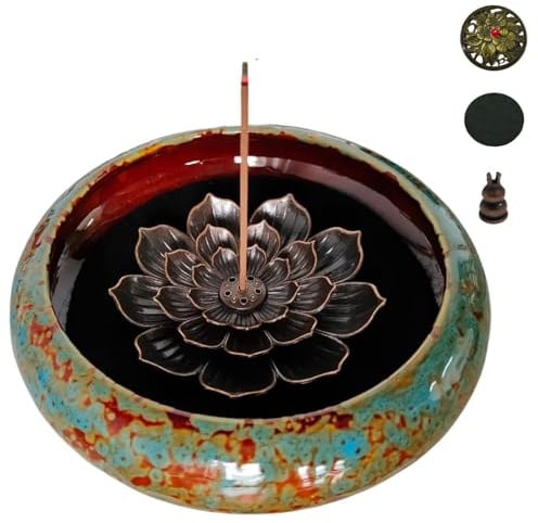 KOPYFANTAP Keramik Räucherstäbchenhalter Lotus mit Deckel, Blau | Räuchergefäß mit Kalebassen Räucherstäbchenhalter, Räucherschale für Meditations & Yoga Räucherstäbchen, Kegel, Räucherwerk