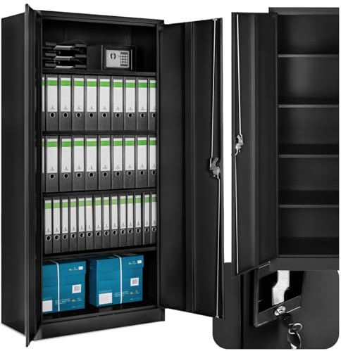 tectake® Aktenschrank, Büroschrank abschließbar, Mehrzweckschrank aus Stahl, Allzweckschrank mit 2 Türen, inkl. 3 höhenverstellbare Einlegeböden, Aktenschrank abschließbar 180x80x40 cm - schwarz