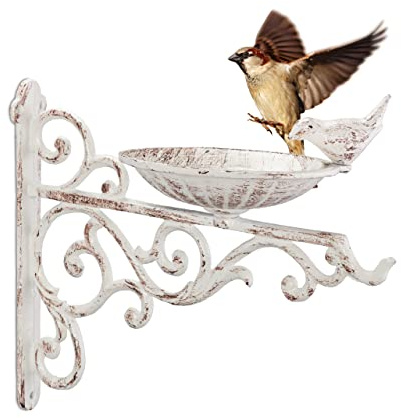 Relaxdays Vogeltränke Gusseisen, Wandmontage, wetterfest, weiß | Vintage Vogelbad Wildvögel, Gartendeko, HBT 24x28x14 cm