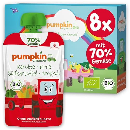 Pumpkin Organics Bio Gemüse-Quetschie mit Brokkoli ohne Zuckerzusatz¹ 8x | Bio Gemüse-Quetschie mit 70% Gemüse und weniger Fruchtzucker, ab 6 Monaten; idealer Beikost- bis Schulsnack