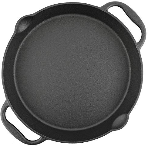 BBQ-Toro Gusseisen Grillpfanne Ø 35 cm | Gusspfanne mit zwei Griffe und zwei Ausgießer | Servierpfanne aus Gusseisen | Pfanne für Gasgrill, im offenen Feuer oder Elektro-Herd | Grillzubehör