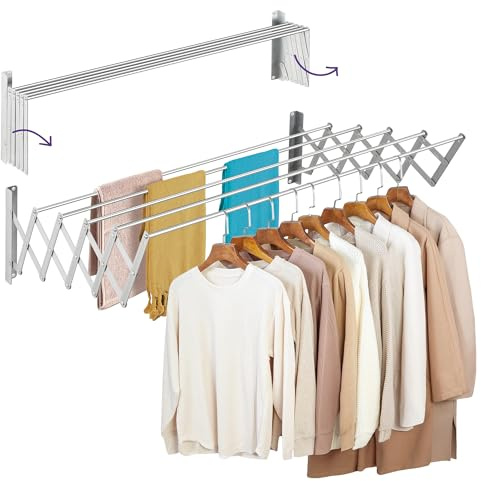 Altaudia Wandwäschetrockner Ausziehbar 140cm Antioxidans – Klappbar Mit 5 Aluminiumstangen, Ausziehbar 12–80 cm, Wandmontage Innen Oder Außen, Platzsparend und Einfach zu Montieren