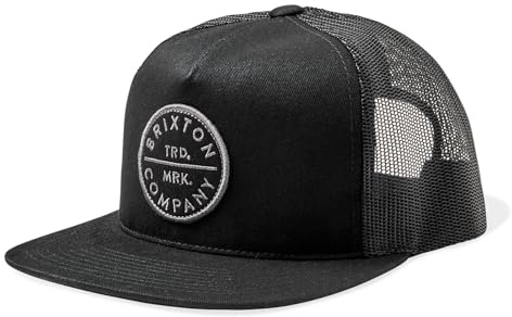 Brixton Pledge, Mesh Snapback Trucker Cap, Men’s Medium Profile, Adjustable, Flat Wide Brim Hat, Cotton & Polyester Blend, Black/Black, One Size