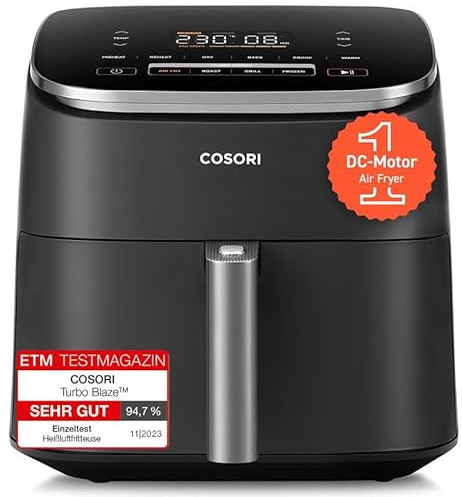 Cosori Turboblaze Airfryer Heißluftfritteuse, 9-in-1 Air Fryer XXL 6L, leiser DC Motor mit 5 Geschwindigkeitsstufen, Grillen, Backen, Gären, Dehydrieren, Tiefkühlen, 87 Rezepte, 64% energiesparend