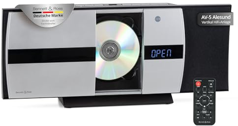 Bennett & Ross Ålesund Vertikal Stereoanlage - HiFi Microanlage mit CD-Player, MP3, UKW-Funktion, USB und Bluetooth mit NFC - Standaufstellung oder Wandmontage - Fernbedienung - Silber