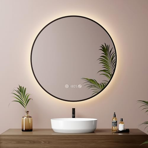 EMKE LED Badspiegel Rund 60cm, Schwarzer, Antibeschlag und Dimmbar | LED Badspiegel mit Beleuchtung, Badezimmerspiegel mit Touch, Uhr, Temperatur, Memory-Funktion, Neutrale licht