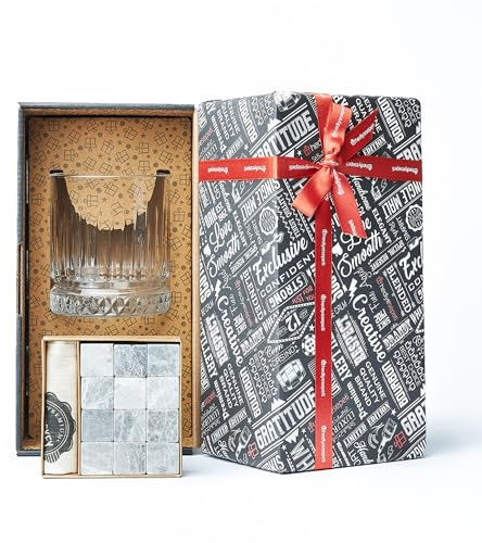 Hediyesepeti Wiskeygläser- Set, Whiskey Gläser Set mit 12 Schwarz Marmor Eiswürfel Steine, Wiederverwendbare Eiswürfel, Geschenkbox Verpackung Whisky Gläser Geschenkset für Männer