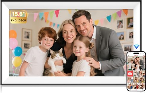 Hesmor 15.6 Zoll Digitaler Bilderrahmen WLAN Fotorahmen FHD 1920 * 1080 IPS Touchscreen Elektronischer Fotorahmen mit 32GB Speicher, Auto Drehung, Einfache Weitergabe von Fotos Videos über Frameo App