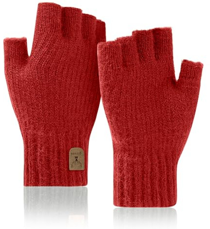 JUNRUI Fingerlose Handschuhe, Handschuhe ohne Finger Winter Warme Strickhandschuhe Arbeiten Camping Wandern Laufen Radfahren Fahren für Herren und Damen (Rot)