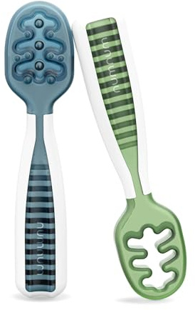 NumNum GOOtensils Babylöffel Set - Stufe 1+2 Esslernlöffel Baby ab 6+ Monaten - Beikost Baby Zubehör BLW - BPA frei Silikon Löffel Selber Essen - 2er (Blau/Grün)