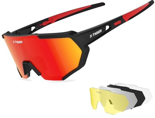 X-TIGER Fahrradbrille, Herren Damen Sportbrille, UV400 mit 5 Wechselgläser,Starker TR90 Frame, mit Montierbarem Brillenband & Ohrhaken, Outdoor-Sport/Radfahren/Laufen/Autofahren/Angeln/Golf