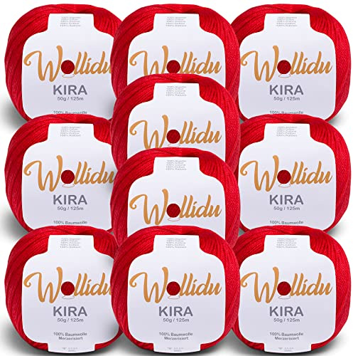 Wollidu Kira 100% Baumwolle zum Stricken und Häkeln 10 x 50g Set Häkelgarn Strickgarn - Rot