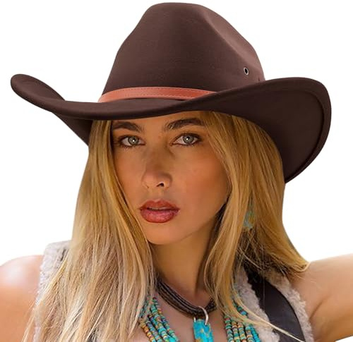DRESHOW Cowboyhut für Damen & Herren Viehzüchter Western Fedora Filzhut Cowgirlhut mit Breite Krempe und Schnallengürtel Unisex Aufrollbare Krempe Hut