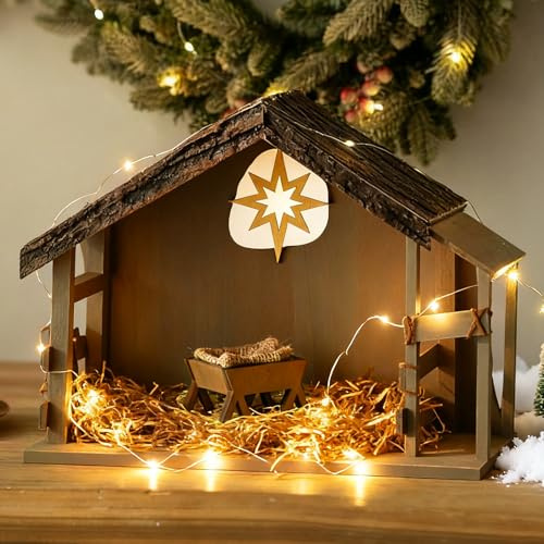 Storieme Weihnachtskrippe Holz Krippenstall ohne Figuren: Krippe Weihnachten mit LED-Beleuchtung für Weihnachtsdeko Tischkrippen 38x28x14 cm (Batteriebetrieben, Batterien Nicht enthalten)