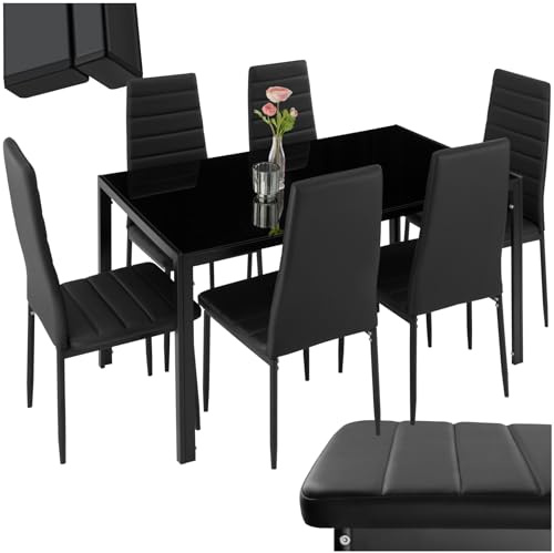 tectake® Küchentisch mit Stühlen, Esstisch und 6er Set Esszimmerstühle, Küchenstühle modern, Sitzgruppe Küche, Küchenmöbel, Hochglanz Glastisch, Esszimmer, Essstühle für Küchentresen - schwarz/schwarz