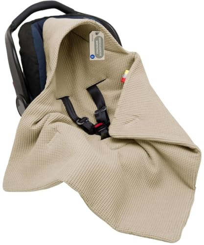 Einschlagdecke Babyschale Frühling Herbst, Reine Baumwolle ohne Polyester-Plüsch, hypoallergen, mit Kapuze & Klettverschluss 78x78cm EU handgenäht | Solvera (Beige 3 und 5-Punkt-Gurte)