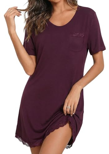 Demegimi Nachthemd Damen Kurzarm Schlafshirt Kurz Sommer Nachtwäsche Spitze Saum Sexy Negligee S-3XL