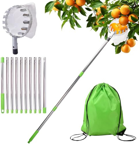WUSUPU Obstpflücker mit Teleskopstiel,Obstpflücker für Kirschen,Apfelpflücker mit Edelstahl Teleskoppfahl und Baumwollbeutel,Edelstahl Obstsammler für Kirschen,Pflaumenpflücker,Fruit Picker