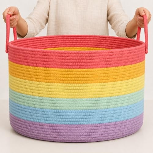 OrganiHaus Wäschekorb Kinderzimmer, Spielzeugkorb, Großer Geflochtener korb Mit Griff, Faltbar & Stabiler, Aufbewahrungskorb Kinder Für Decken, Spielzeug & Kleidung, Regenbogen Design - 50x33cm